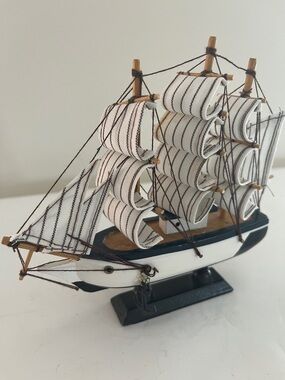 Handcrafted White and Black Sailboat Model Decorative Coastal  6 in tall